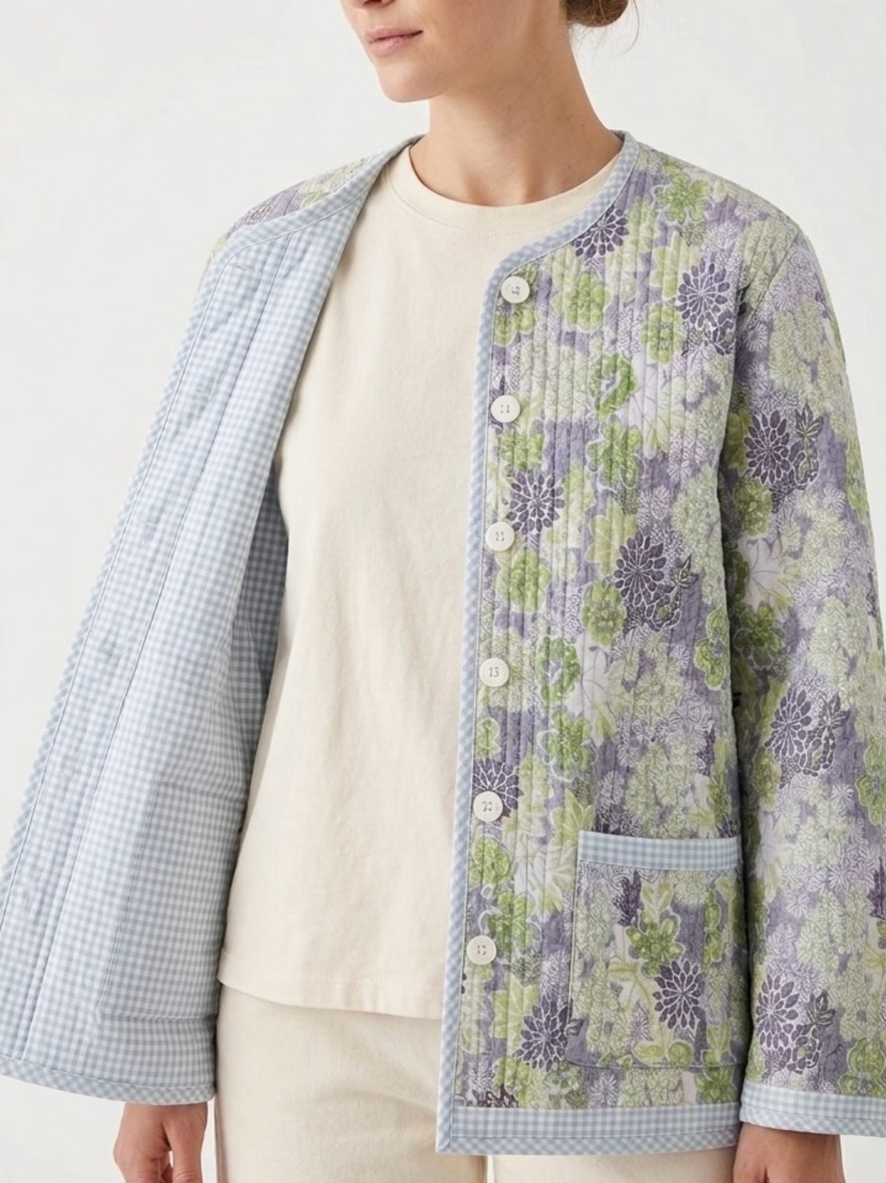 Reversible Quilted Cotton Jacket Gingham Floral Coastal Boho Coat L/XL